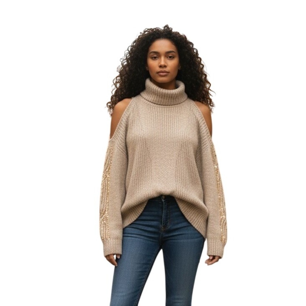 Worthington Cold Shoulder Sweater Women XXL Oatmeal Sequin Turtleneck Chunky